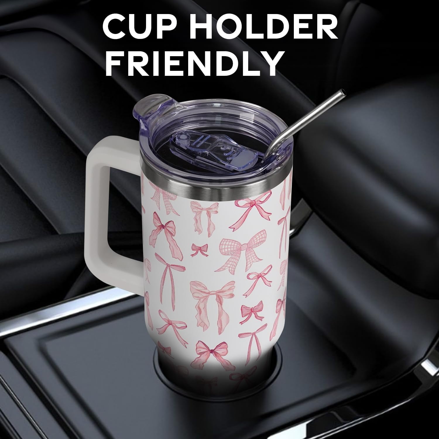Christmas Pink Bows Tumbler with Handle and Straw Lid 40 oz,Cute Merry Xmas Gifts for Women Vacuum Insulated Leak Proof Tumbler,Winter Holiday Accessories Stainless Steel Coffee Cup Mug