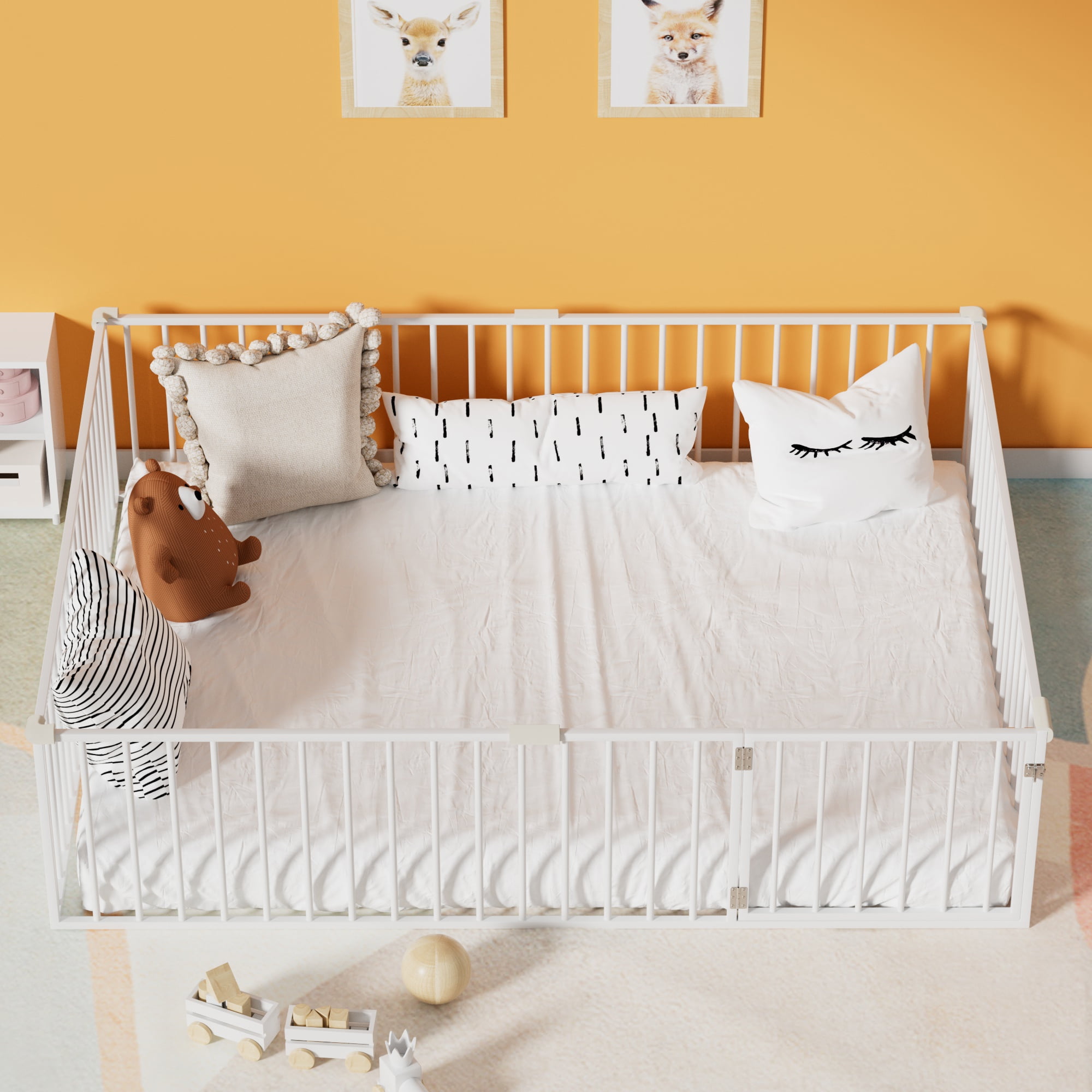 Queen Size Montessori Floor Bed, Heavy Duty Metal Floor Bed Frame with Safety Fence and Door, Montessori Floor Bed Frame for Boys and Girls, White