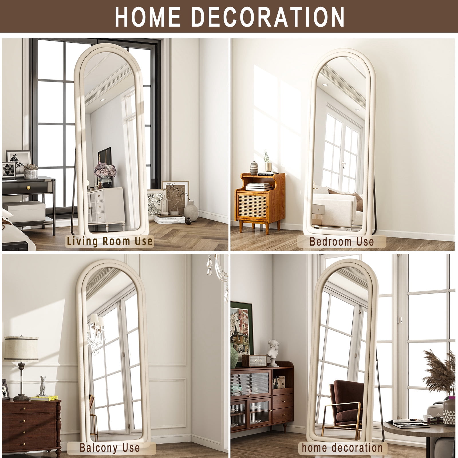 Puremirror 63"x24" Arched Full Length Mirror Round-Edge Floor Mirror With Flannel Frame, White