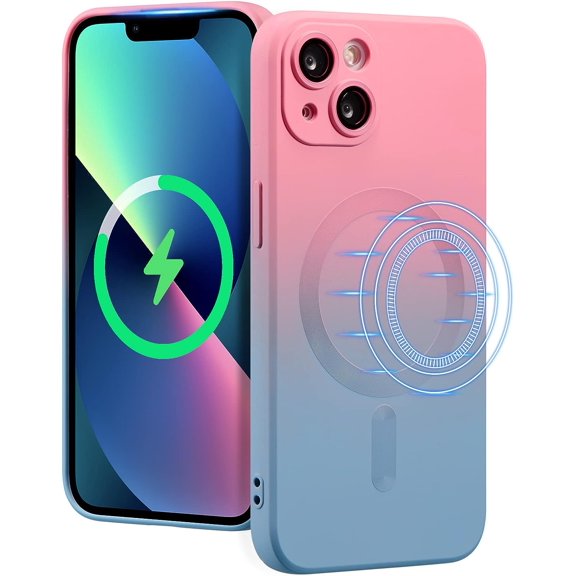 Magnetic Case for iPhone 13 6.1 inch, Bi-Color Case Compatible with MagSafe Charger Clear Cover with Camera Lens Protector Soft Silicon Phone Case - Pink Blue
