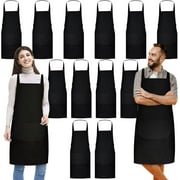 12 Pack Bib Apron,Black Aprons Bulk,Unisex Black Plain Aprons with 2 Pockets,Blank Apron with Long Ties for Adults Cooking Painting BBQ Grilling Baking Machine Washable,32 x 28 Inch