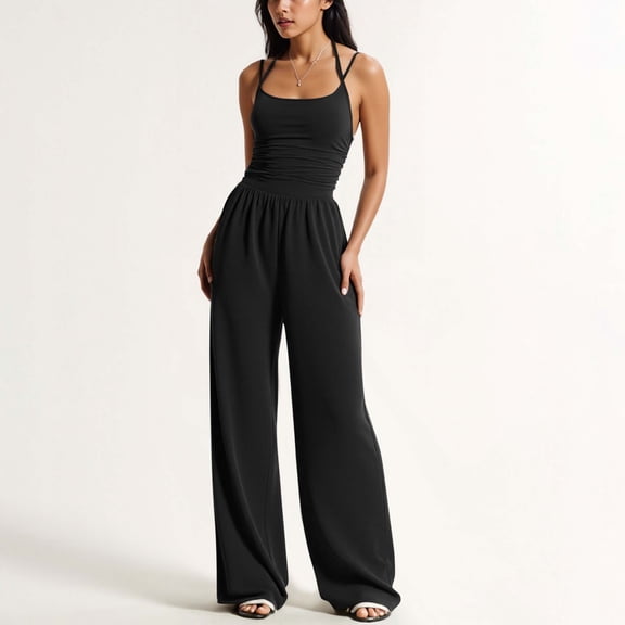 Xaqiouau Womens Solid Jumpsuits Spaghetti Strap Square Neck Ruched Waist Wide Leg Casual Outfits for Summer Daily Wear Vacation Party