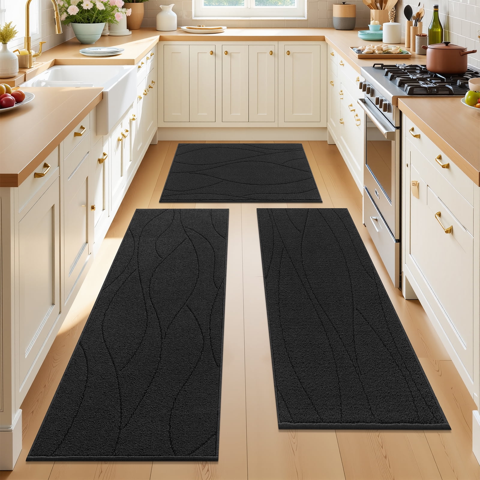 MeyJey Geometric Lines Kitchen Rugs Sets of 3, Non Slip Washable Kitchen Mats for Floor, Black