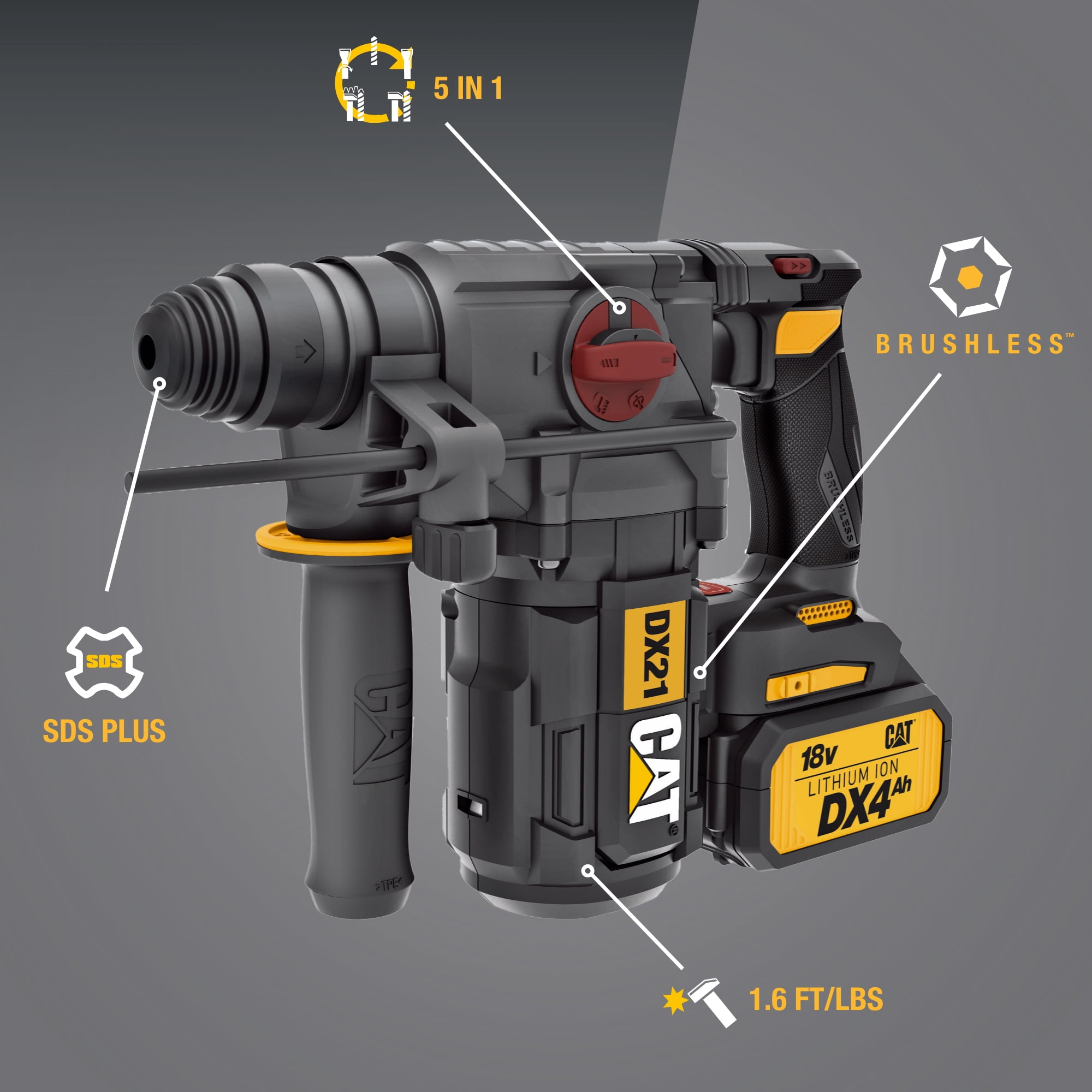 Caterpillar Cat® DX21 18V 1 FOR ALL 1” Cordless Rotary Hammer Drill with Brushless Motor