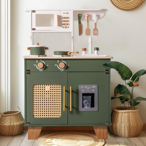 ROBUD Play Kitchen with Pretend Ice Cube Dispenser for Toddler, Wooden Kids Kitchen Play Set, Toy Kitchen Set for Kids Age 3 (Vintage Green)