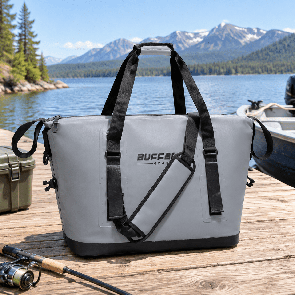 Grey-37QT Soft-Sided Insulated Fish Cooler Bag with Rod Attachment Straps
