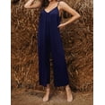 thumbnail image 4 of Women's Dark Blue Spaghetti Straps Wide Leg Pocketed Jumpsuits, 4 of 22
