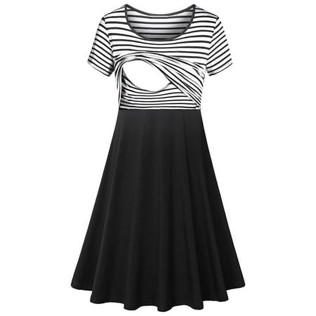 

Zpanxa Pregnancy Dresses for Women Nursing Stripe Breastfeeding Maternity Summer Maxi Dress Clothes Black S