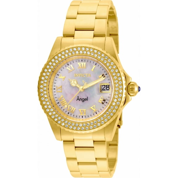 Invicta Women's 22875 Angel Crystal Accented Bezel MOP Dial Yellow Gold Steel Bracelet Dive Watch