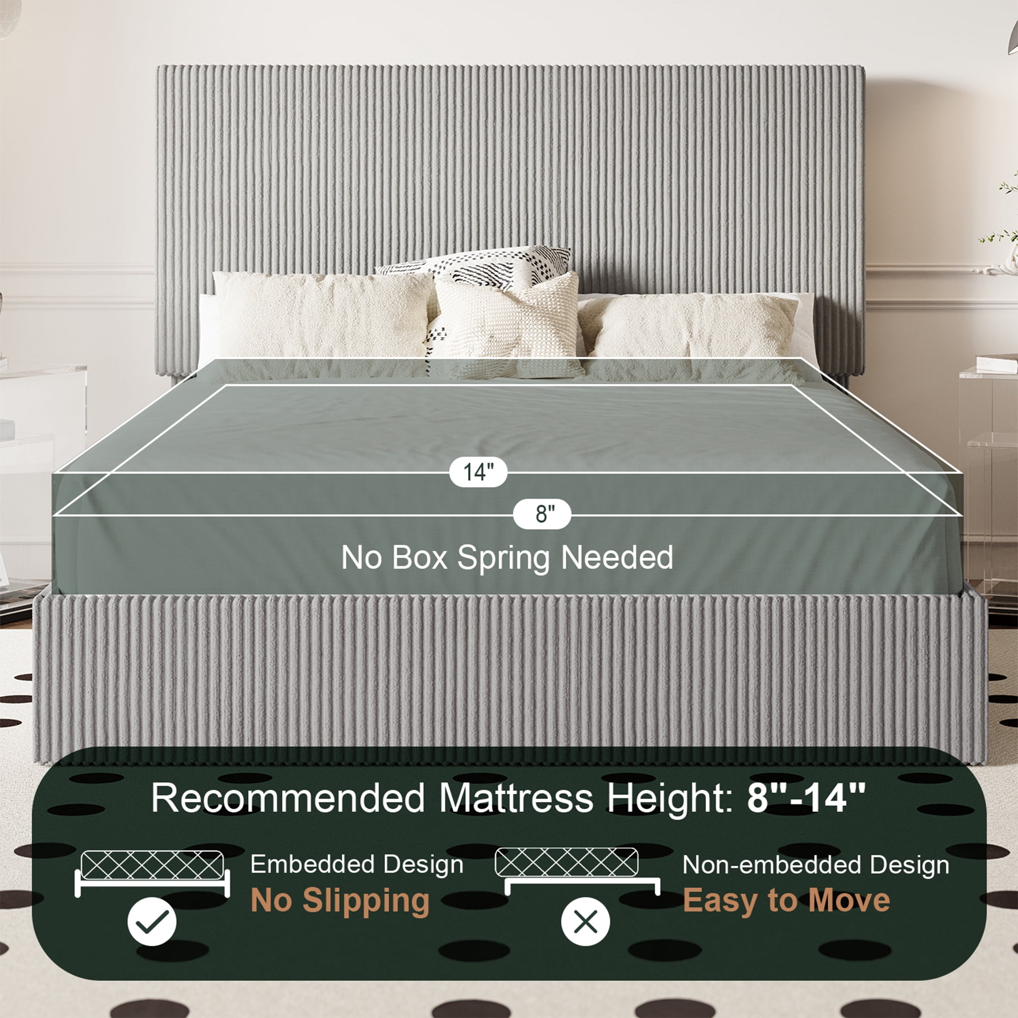 Amolife Queen Size Upholstered Platform Bed Frame with Adjustable Height Headboard, Noise-Free, Light Grey