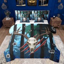 jejeloiu Retro Bull Skull 7-Piece Twin Bedding Sets,Rustic Farmhouse Hunting Bedding Comforter Set,Blue Black Sheet Sets For Boys Kids,Breathable Home Decor Reversible