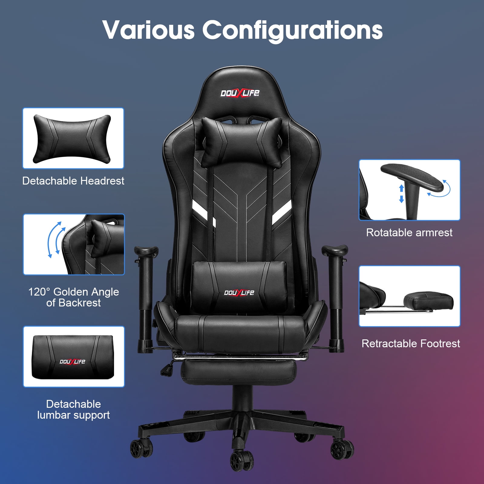 Douxlife 7-Point Massage Gaming Chair with Footrest, 175° Reclining, Ergonomic Racing High Back Home Office Computer Chair, Video Game Chair for Adults Kids