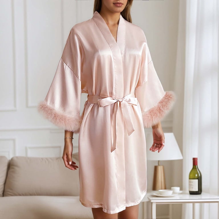 bridesmaid dressing robes Women's Wedding Party Robe Letters Kimono Satin Pyjamas Bathrobe Ladies Robe Bath for Women Full Length Womens Bath Robes Spa Robes Wrap with Pockets for Women Womens Thin Color:#20-Ice Pink