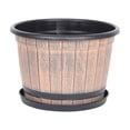 thumbnail image 2 of Planters for Outdoor Plants Imitation Whiskey Barrel Plastic Flower Pot 8.85 Inch, Wood Grain Decorative Planter with Drainage Holes & Matching Saucer for Garden Balcony Indoor Potted Plant Decor, 2 of 7