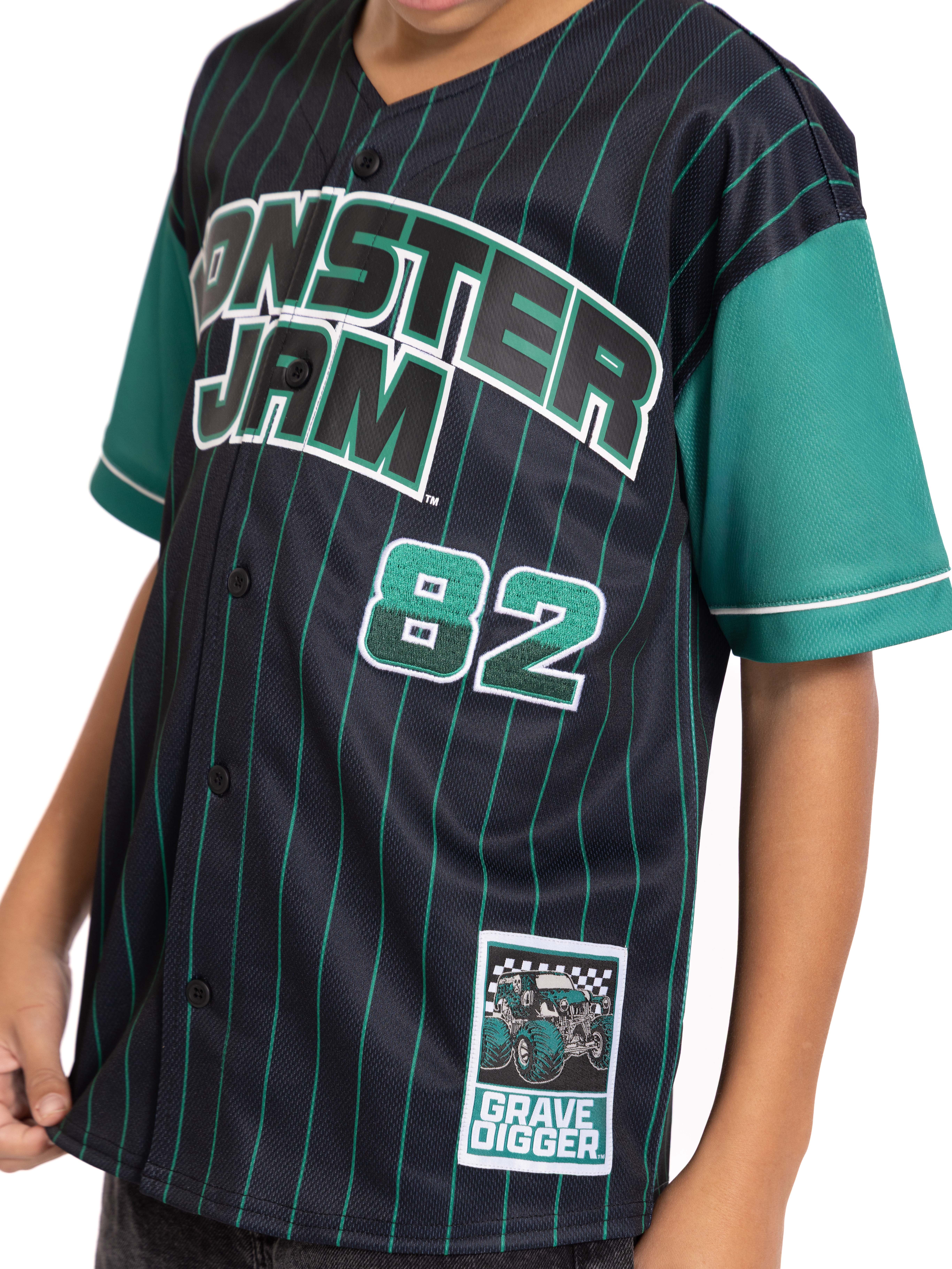 Monster Jam Boys Graphic Baseball Button Down Jersey with Short Sleeves, Sizes 4-12