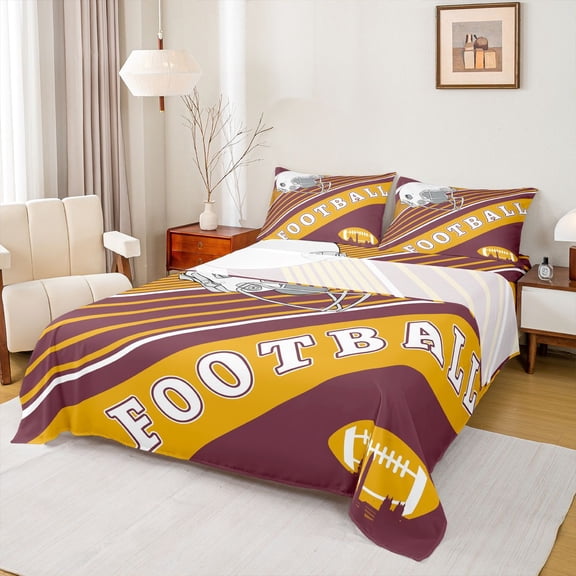 Football City Twin Bed Sheets Set American Football Sheets Birthday Gifts for Men Sports Football Fans Sheet Set Geometry Striped Bed Set 3Pcs,Brick-Red Yellow(Washington)