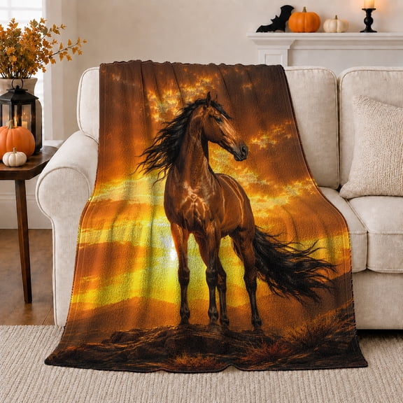 Standing Brown Horse Against Glowing Sunset Clouds, Cozy Flannel Blanket with Dramatic Equine Painting Print, Housewarming Gift for Horse Art Enthusiasts, Home Decor for Bedroom and Living Room