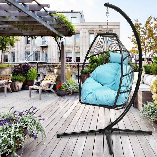 Seventh Egg Chair Swing Hanging Patio With Metal Frame And C Type Bracket Indoor Outdoor Wicker Modern Hammock Cushion Pillow Blue L1677 Seventh Egg Chair Swing Hanging, Swing Chair Patio