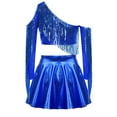 thumbnail image 4 of TSSOE Kids Girls 2 Piece Sequin Jazz Dance Outfit Long Sleeve Metallic Fringed Crop Top and Mini Pleated Skirts Set Royal Blue 16, 4 of 7