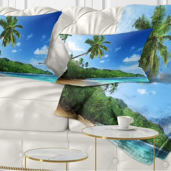 Designart Sunset Beach with Palm - Landscape Photography Throw Pillow - 12x20