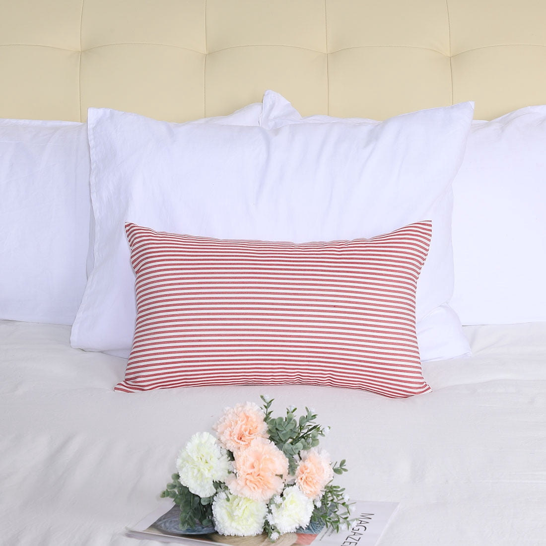 Unique Bargains Woven Stripe Decorative Throw Pillow Cover Red and White 12" x 20"