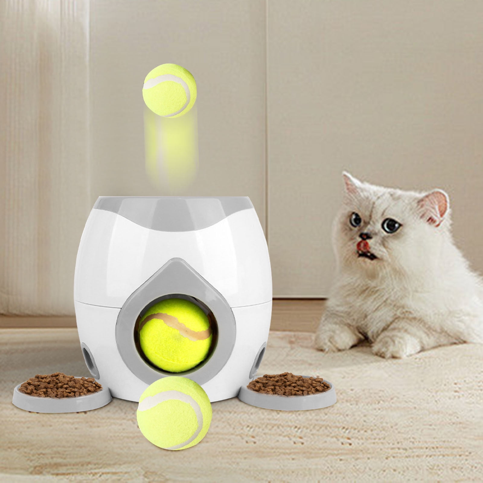 Automatic Ball Launcher for Small Dogs, Automatic Feeder for Interactive Dog Training, Including 2 Tennis Ball (2inch), Keep Dog Happy, White