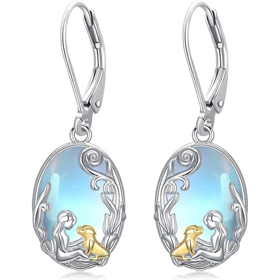CACA LADY Moonstone Earrings 925 Sterling Silver Dog Dangle Earrings Puppy Jewelry Gifts for Women