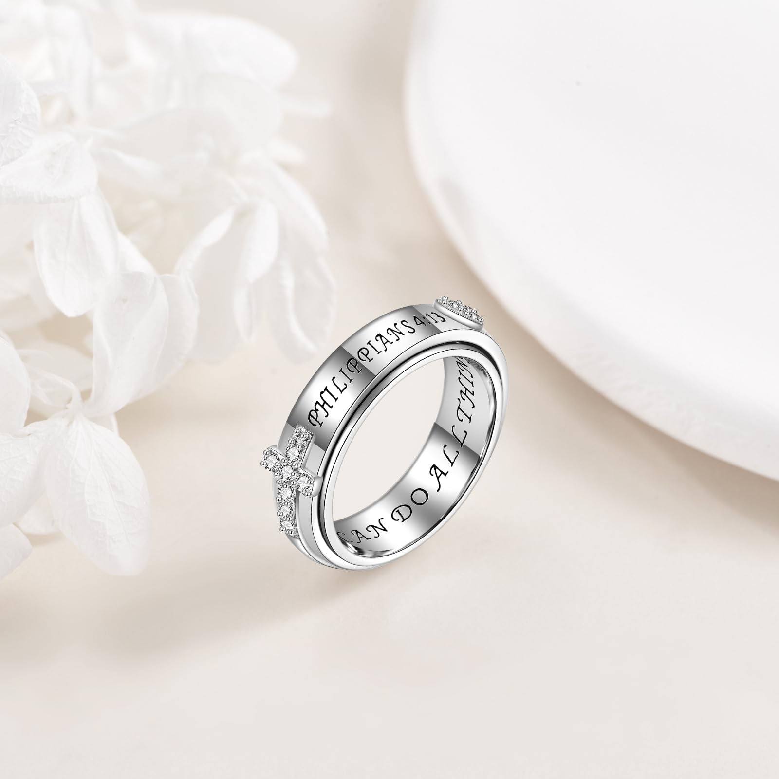 YAFEINI 925 Sterling Silver Anxiety Fidget Spinner Ring Cross Heart Engraved Ring Zircon Jewelry Gift for Women Men #7