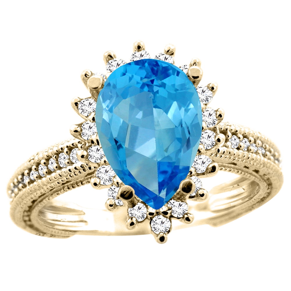 10K Yellow Gold Genuine Blue Topaz Ring Halo Pear 12x8mm Diamond Accent size 6.5 by Gabriella Gold