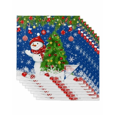 Christmas Tree Cloth Napkin Set of 8 Xmas Snowman Balls Pine Needles Winter Snowflake Blue Washable Linen Napkins Absorbent Kitchen Table Dinner Napkins for Restaurant/Wedding/Hotel