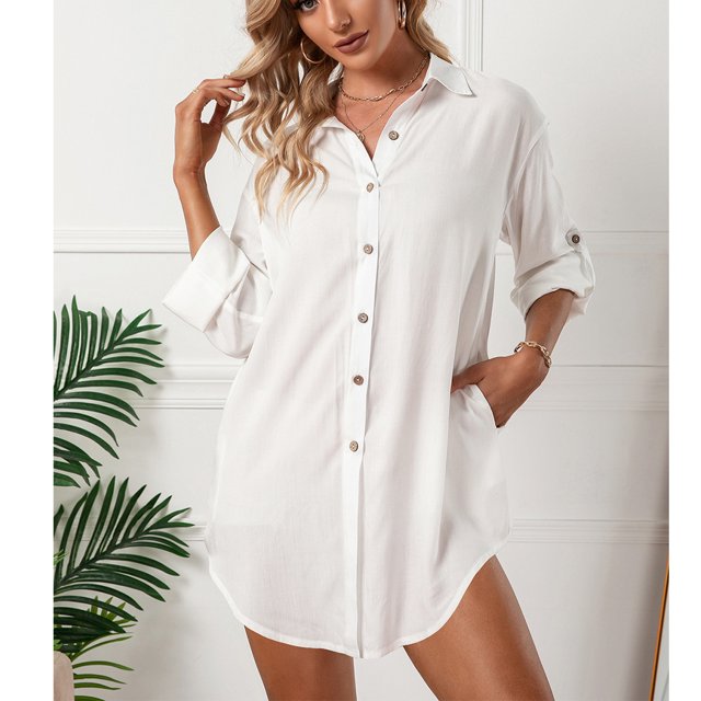 Vestido De Camisa Con Solapa Para Mujer, Camisa De Longitud Media Para Mujer, Dobladillo Irregular Elegante, Lavable A Máquina, Agradable A La Piel Para Ir De Compras ANGGREK Blanco XL