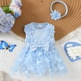 thumbnail image 2 of Wxirdiow Rompers for Toddler Girl Baby Girl Outfit Embroidery Flying Sleeve Square Neck Tulle Romper Dress and Bow Headband Set Blue Size,1-3 Months, 2 of 7