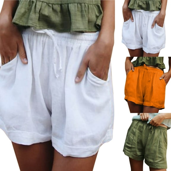 Jacenvly New Womens Shorts Elastic Waist Tie Cotton and Linen Casual Shorts Women'S Pants Wide Leg Pants Quick Drying High Waist Swim Shorts for Women Yellow