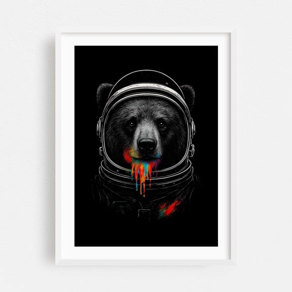 Astronaut Bear with Neon Paint Drips Cosmic Animal Art - Digital Art Astronaut Space Animal Psychedelic Surrealism Cosmic White Framed Wall Art Print 16 x 24 inches
