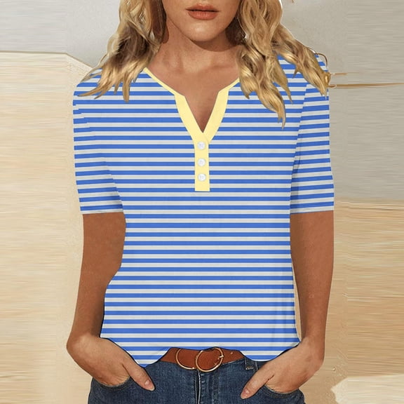 WREESH Women's Striped Henley Shirt Short Sleeve V-Neck Button T-Shirt Loose Fit Casual Striped Top for Women Blue