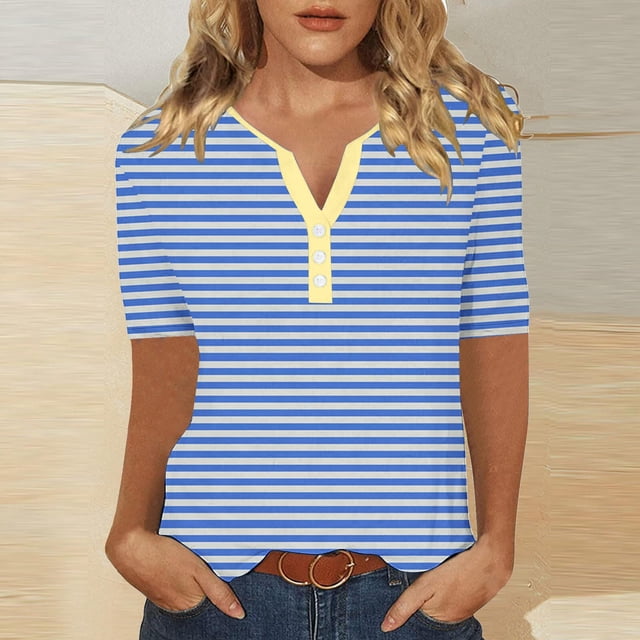 LOVZFMLL Hauts d'Été pour Femmes Mode Rayé Imprimé Manches Courtes Blouse-Neck T-Shirt Décontracté Bouton