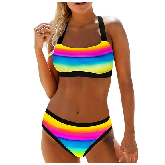 DOPI Summer Beach Ladies High Waist Lace-up Rainbow Print Striped Bikini Swimsuit