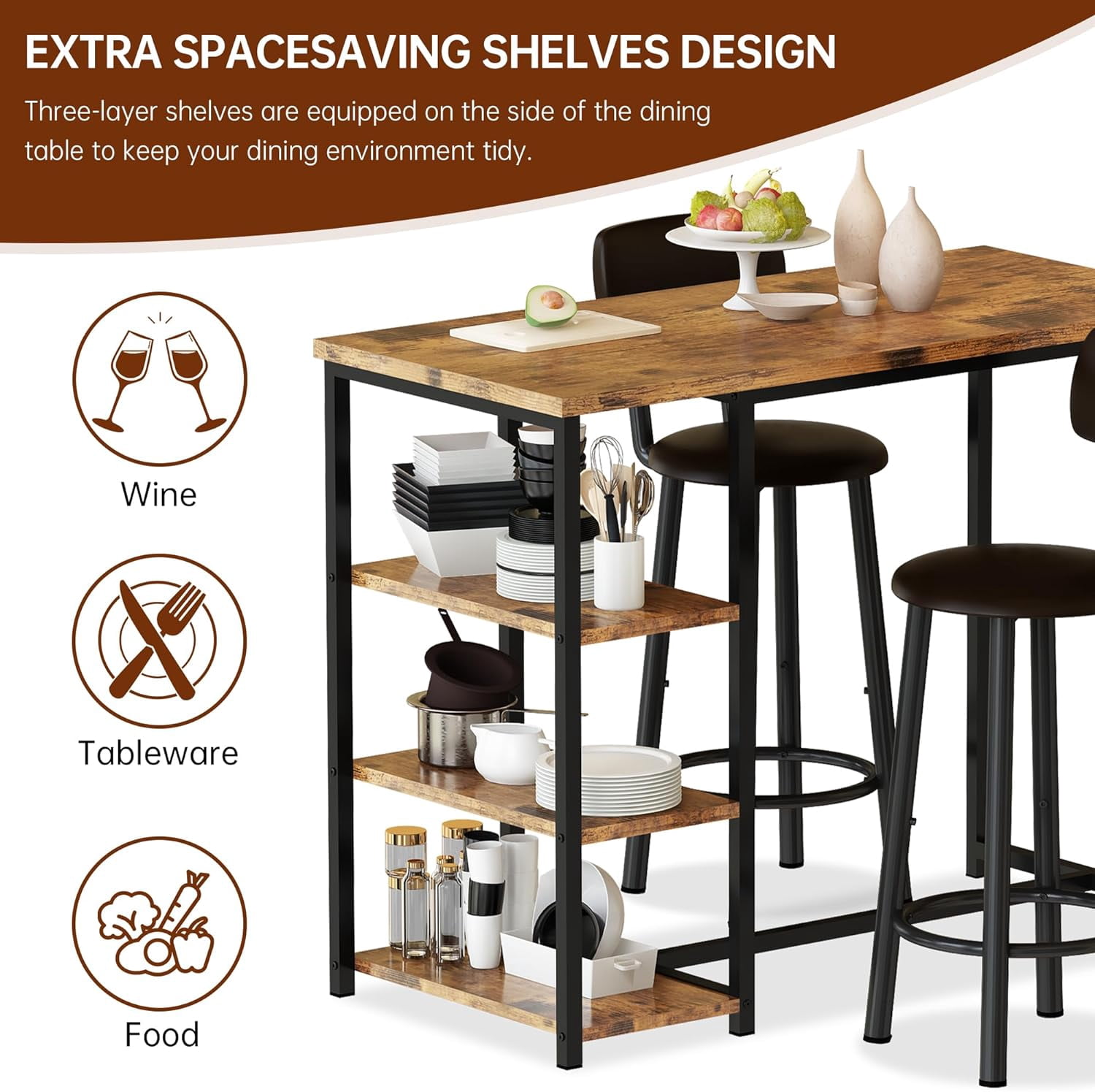 LinkRomat Dining Table Set for 2,3 Piece Pub Table and Chairs Set with Storage Shelves, Small Space Bistro Kitchen & Bar Tables, Counter Height Dining Set, Brown