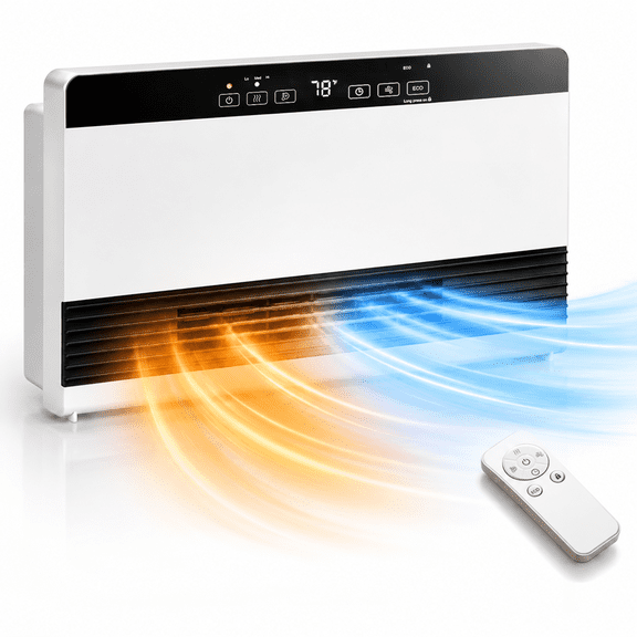 Auseo 1300W Wall Mounted or Freestanding Space Heater, 3 Heat Settings, ECO Mode, 12-Hour Timer, Child Lock, White