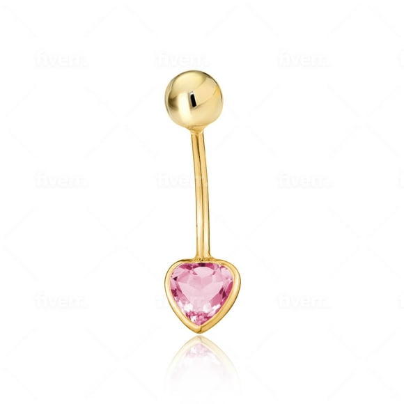 Belly Button Rings 14k Yellow Gold Navel Rings Simulated Pink Tourmaline Heart Bezel Set Stud Body Piercing