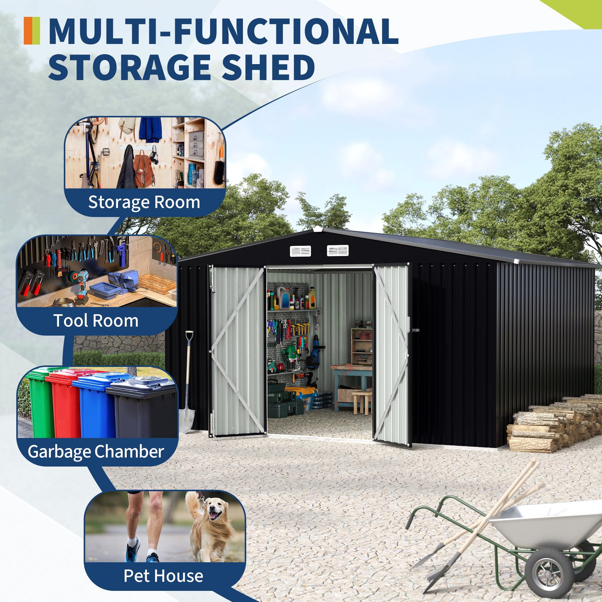 Yeshouse 8' x 10' Waterproof Metal Shed, Outdoor Tool Storage with Metal Base & Locking Doors for Backyard/Patio