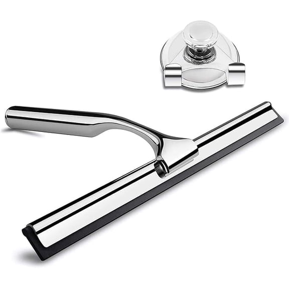 Stainless Steel Shower Squeegee Rubber Wiper - Glass Window Clean Accessories Rustproof Portable Hand Held Cleaning Tool with Matching Suction Cup Hook Holder - Door Tile Wall Bathroom Mirror Kitchen