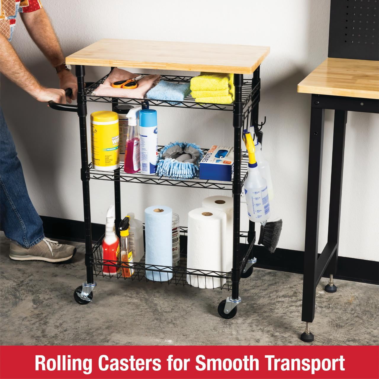 Rubbermaid 3-Tier Heavy Duty Black Rolling Utility Cart with Solid Wood Top, 300lb Capacity
