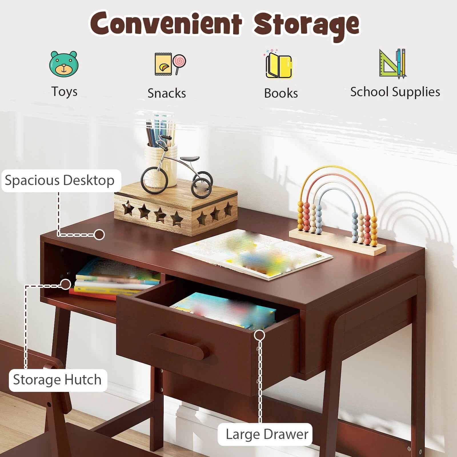 Auranook Kids Desk and Chair Set, Wooden Children Study Table Set with Storage Drawer, Student Writing Desk Set for Bedroom and Study Room
