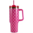 thumbnail image 2 of Mainstays 40 oz Stainless Steel Tumbler with Straw and Handle, Double Wall Insulated, Pink Check, 2 of 7