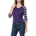 thumbnail image 5 of MODA NOVA Junior's Striped Raglan Long Sleeves V Neck Tee Shirt Purple S, 5 of 6