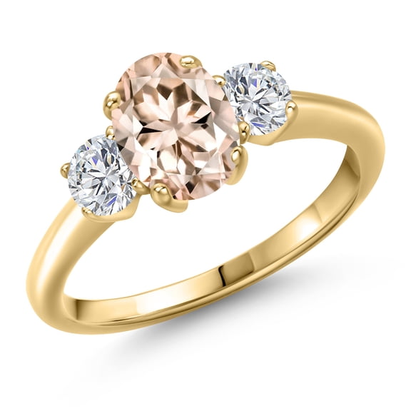Gem Stone King 10K Yellow Gold Peach Morganite and Lab Grown Diamond Engagement Ring for Women | 1.54 Cttw | Oval 8X6MM | Gemstone October Birthstone | Size 5
