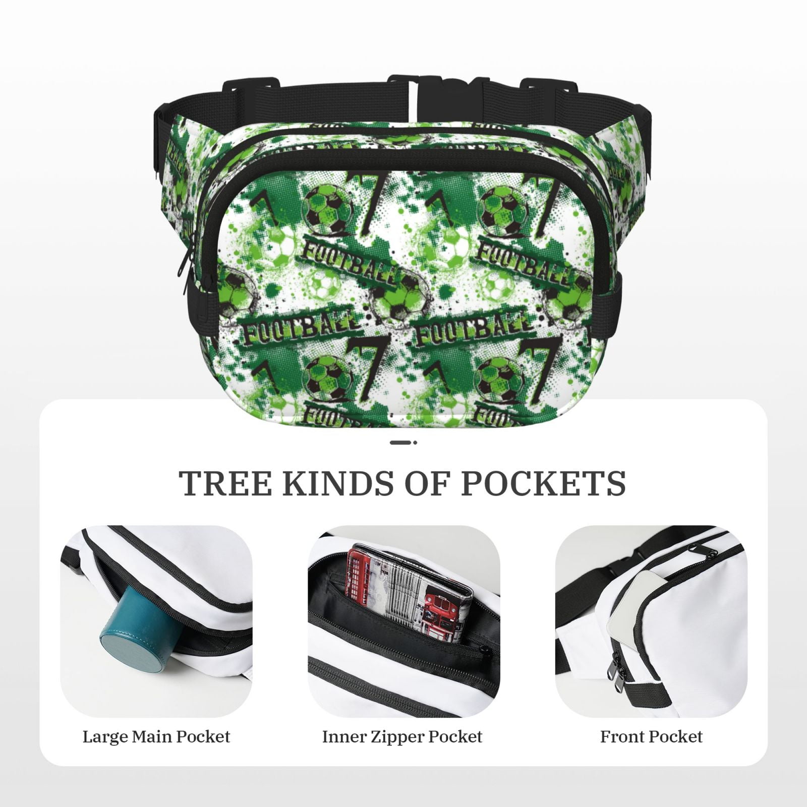 Picia Football 7 Print Square Double-Layer Waist Bag Mini Adjustable Waist Belt Bag Exercise Running Travel Hiking