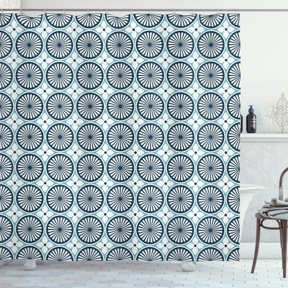 Tribal Shower Curtain, Moroccan Floral Pattern with Circular Frames and Blooming Petals, Fabric Bathroom Set with Hooks, 69W X 75L Inches Long, Dark Blue Pale Blue and White, by Ambesonne