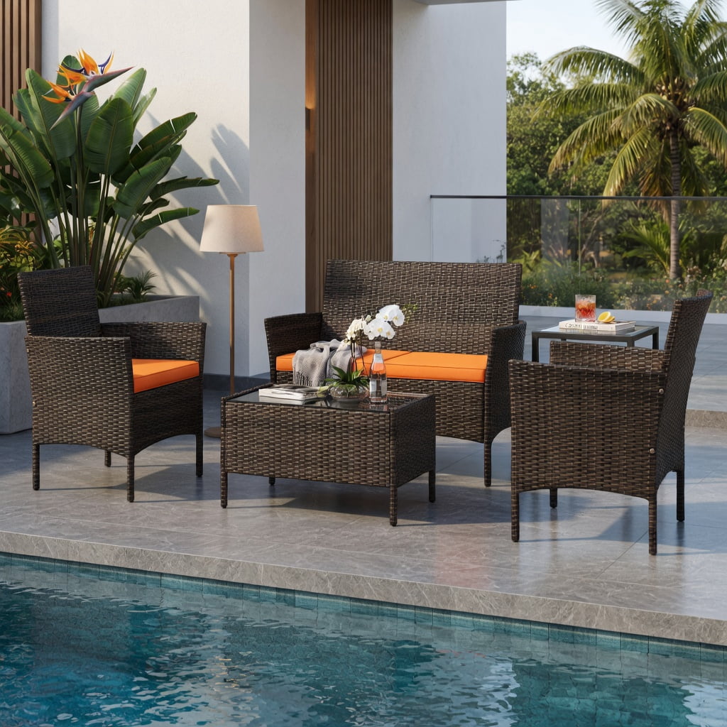 Hommoo 4-Piece Outdoor Rattan Patio Furniture Set with Removable Cushions, Loveseat, 2 Chairs, Tempered Glass Coffee Table, Weather-Resistant PE Wicker, Orange